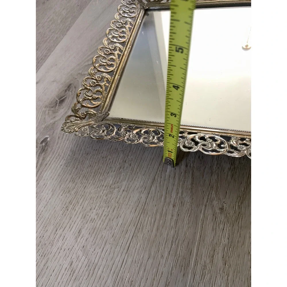 Vintage Hollywood Regency Mirrored Vanity Tray Gold Filigree Ornate Metal 13.5